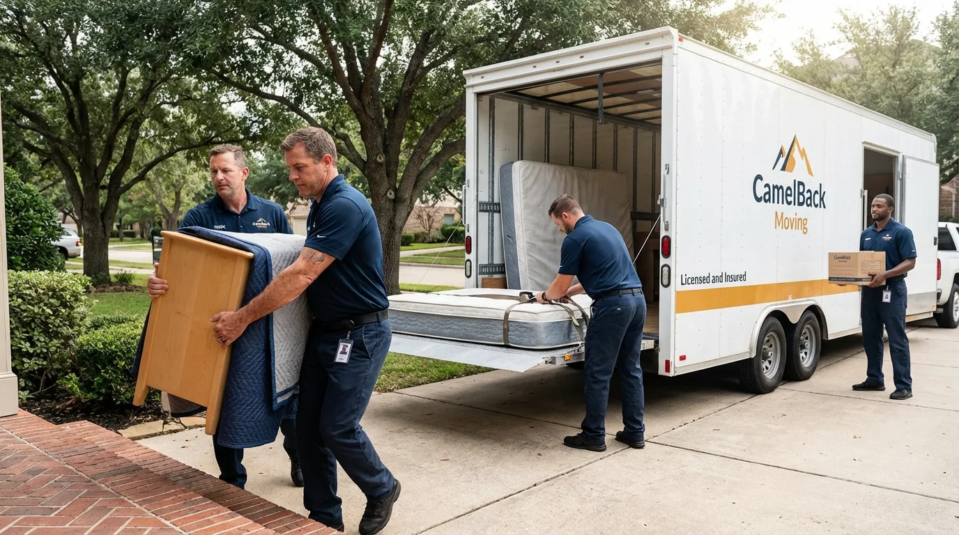 Crew loading residential truck for cross-state move from New Glarus, WI