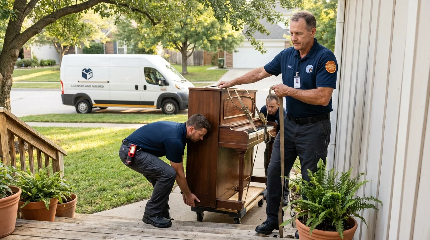 Licensed piano movers securing grand piano in New Glarus, WI