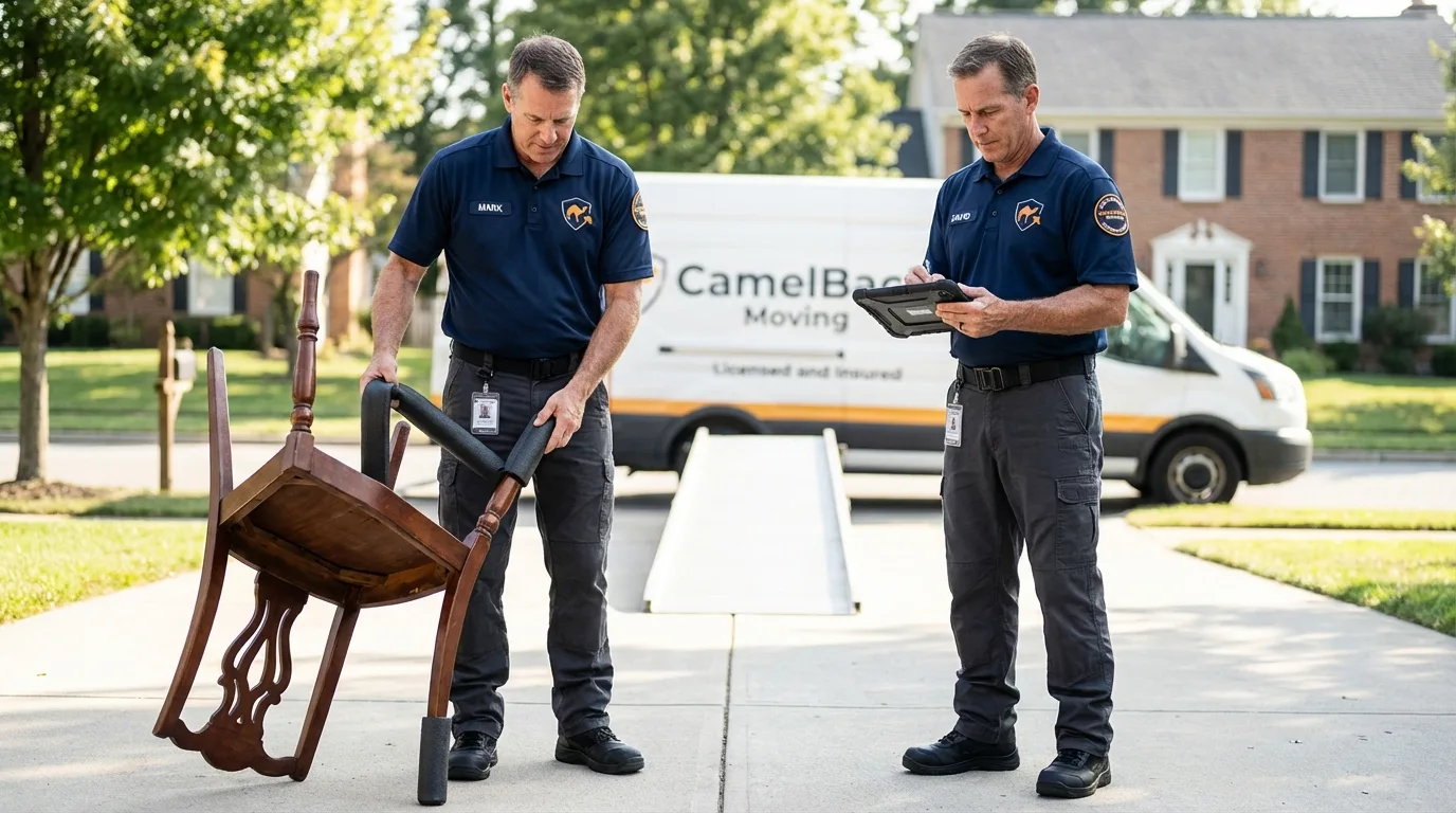 Movers inspecting furniture for damage prevention before loading in New Glarus, WI