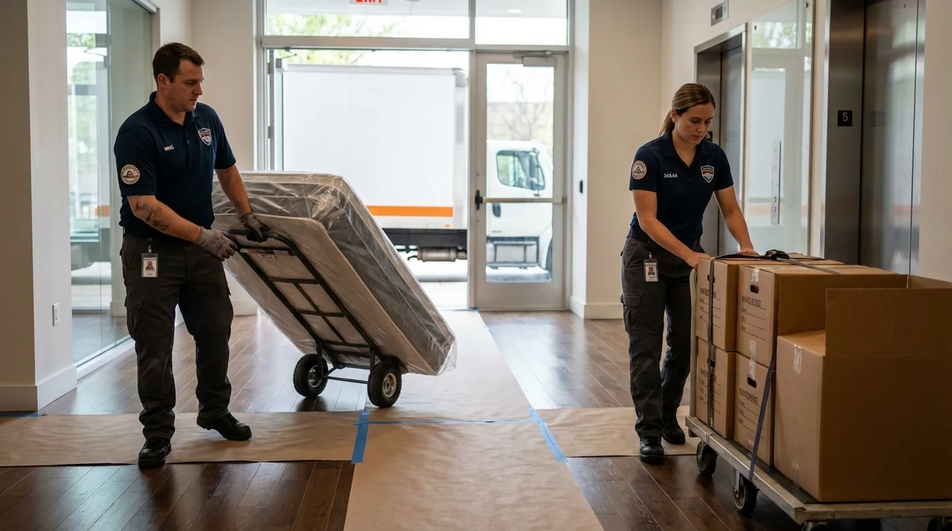 Professional apartment movers loading elevator in New Glarus, WI