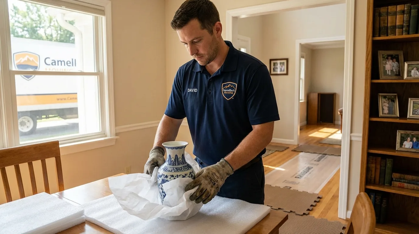 Professional crew carefully wrapping antique vase for senior downsizing move in New Glarus, WI