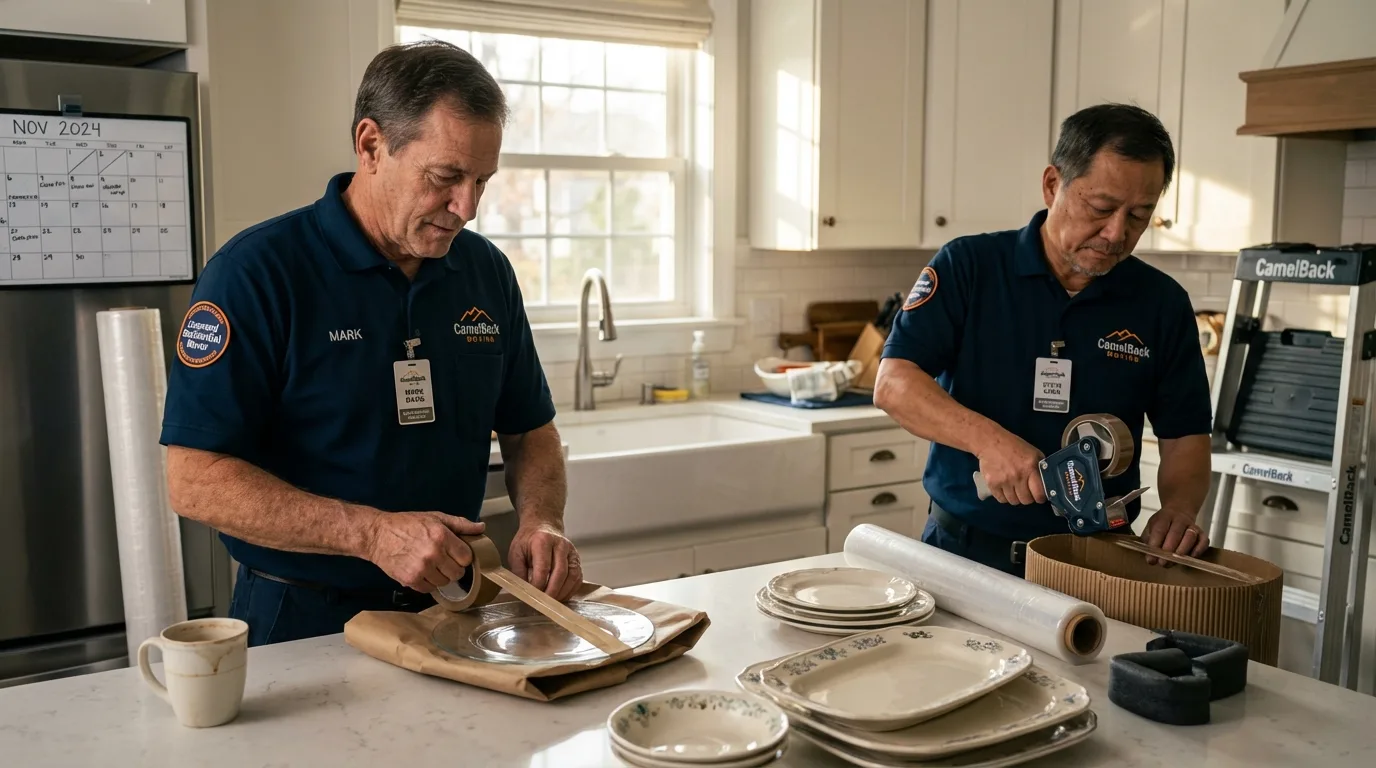 Professional crew packing kitchen dishware in New Glarus, WI